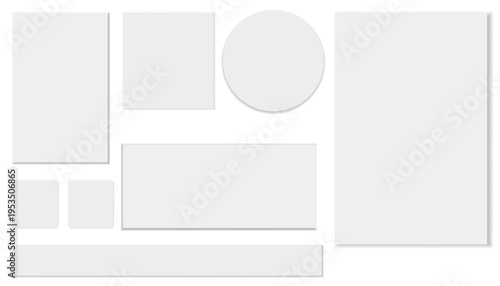 Collection of blank white paper shapes with soft shadows on light gray. Various blank white paper shapes like rectangles, squares, circle, rounded squares. Isolated on a light gray background.