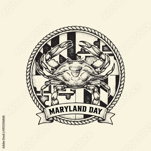 Stippled illustration of a blue crab centered over the maryland state flag inside a rope border