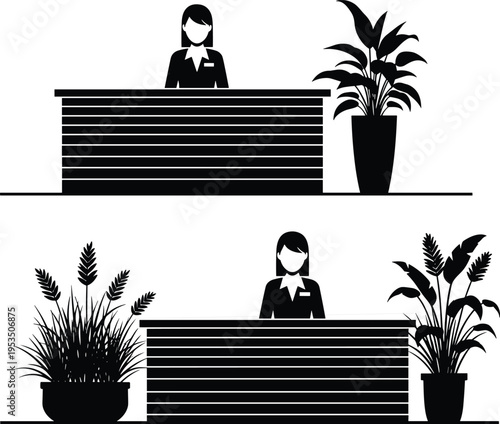 receptionist, reception, desk, office, hotel, service, staff, frontdesk, assistant, customer, support, hospitality, business, workplace, employee, silhouette, illustration, vector, professional, lobby