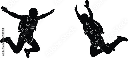 Skydiver jumping silhouettes set, parachute extreme sport freefall action illustration, skydiving adventure aviation activity vector design collection