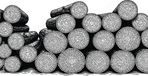 Timber, logs, stack, wood, vector, illustration, lumber, forestry, logging, tree, trunk, cut, texture, engraving, vintage, industry, natural, material, isolated, design
