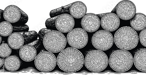 Stacked timber logs engraving illustration, cut wood trunks pile for lumber industry forestry concept vintage vector design