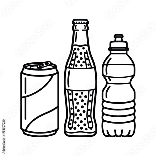 Line Art Icons: Soda Can, Glass Bottle, and Plastic Water Bottle on White Background