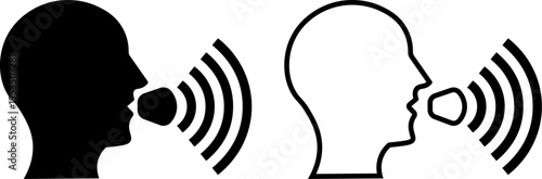 human head silhouettes with voice sound waves icon for communication and speech recognition