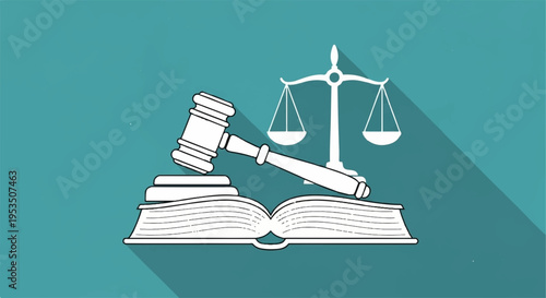 Law and justice concept with gavel scales and open book on teal background symbolizing legal judgment and authority