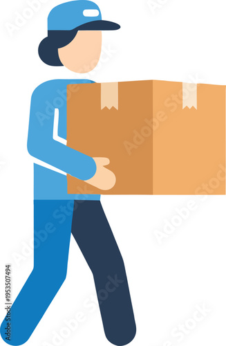 Delivery man carrying cardboard box parcel flat vector illustration