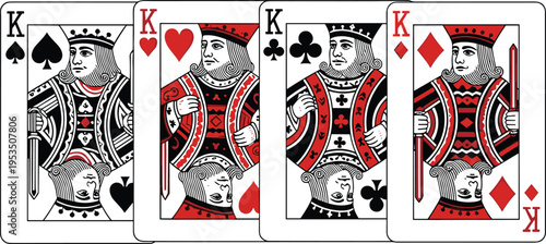 Playing card king set featuring spade, heart, club and diamond suits with classic vintage design for casino and card game theme