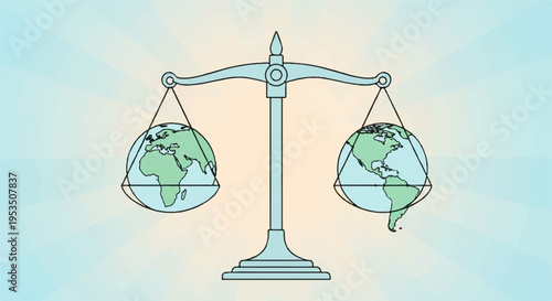 Balanced earth globes on scale with gradient background symbolizing equality and harmony