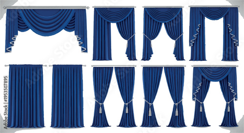 Group of deep blue velvet curtains, featuring different styles like swags, pleated panels, and tie-backs, luxurious textile, home decor