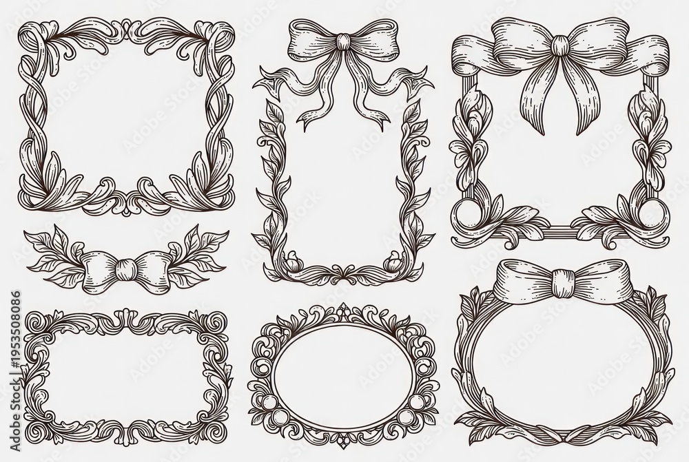 Obraz premium Elegant Hand-Drawn Decorative Frames and Borders with Bows and Floral Elements for Creative Design Projects