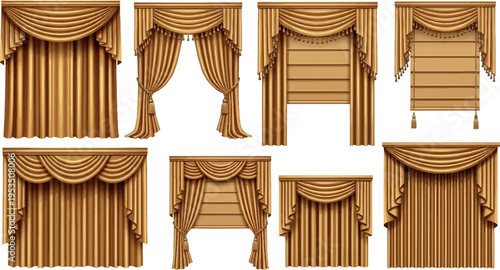 Collection of elegant golden drapes and curtains with swag and fringe for interior decoration and window treatments with window dressing