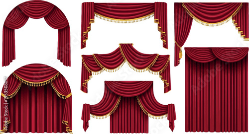 Set of luxurious red velvet drapes and curtains with golden trim and tassels for stage and event decoration with home decor
