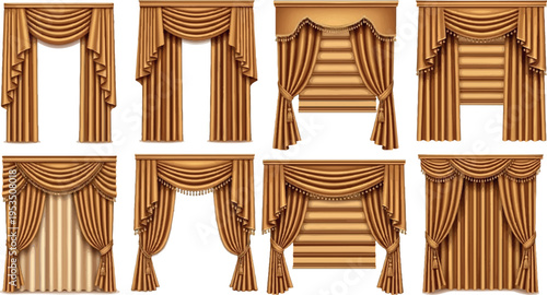 Assortment of rich brown and gold drapes and window treatments with swag and tassels for luxurious interiors with home decor