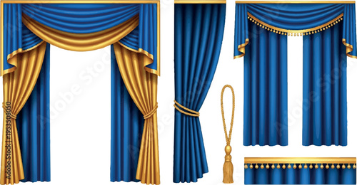 Rich blue and gold drapes and curtains collection with swag, tassels, and trim for elegant interior design, home decor