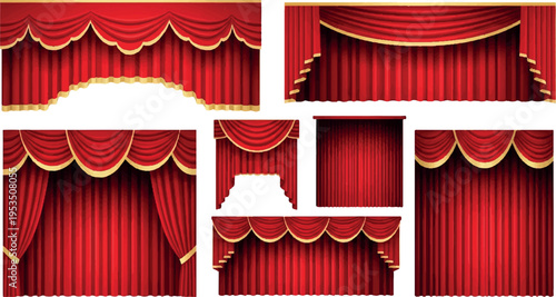 Various red velvet curtain designs with golden trim, swags, and tassels for luxurious interior and stage decoration, home decor