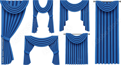 Collection of blue drapes and swag curtains with tassels and trim for elegant window treatments and interior design with home decor