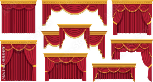 Assortment of red velvet curtains and drapes with golden trim, swags, and tassels for interior and stage decoration, home decor