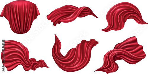 Abstract red fabric swirls and folds, flowing textile shapes, luxurious draped material, isolated on white background, abstract art