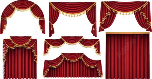 Set of red velvet drapes and valances: ornate stage curtains and decorative window treatments with gold trim with velvet fabric