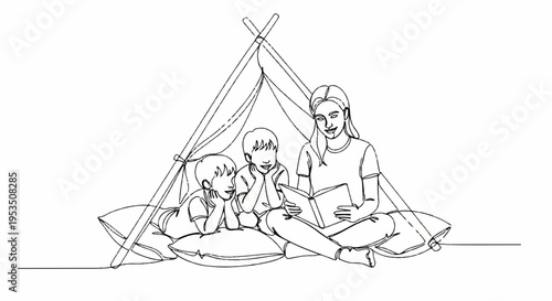 Family camping together in a tent at night with pillows and a cozy atmosphere outdoors