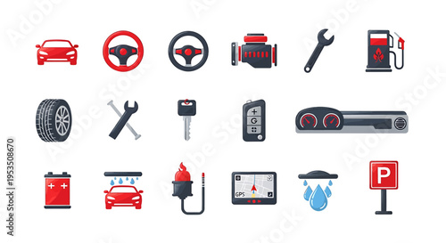 Collection of modern car maintenance and repair icons in red and black
