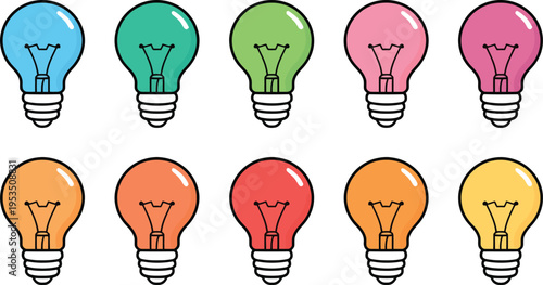 Colorful light bulb vector set with cartoon incandescent icons in multiple shades creative design for energy idea inspiration
