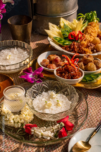 Obraz na plátně Refreshing Thai summer food Khao Chae, chilled rice in scented water served with savory side dishes, a popular seasonal meal for Songkran festival celebration and cooling down in heat