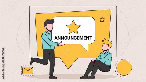 Creative Announcement Graphic with Two Characters Engaging in a Conversation About News and Information Sharing in a Modern Art Style