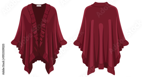 Elegant women's draped burgundy open cardigan illustration showcasing front and back views comfortable loose-fitting ruffles stylish layering