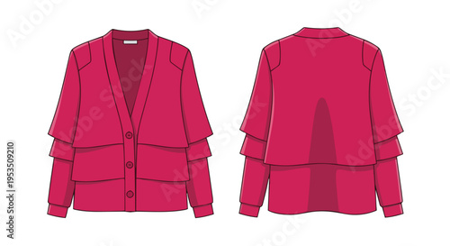 Vibrant fuchsia layered women's jacket illustration, showing front and back views for contemporary apparel design.