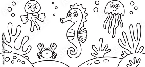 Collection of various cute sea creatures like seahorse crab jellyfish and small fish for educational coloring page