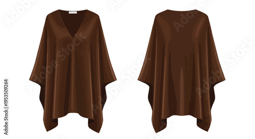 An elegant and versatile dark brown v-neck poncho-style top, impeccably showcased from both its front and back perspectives, perfect for modern