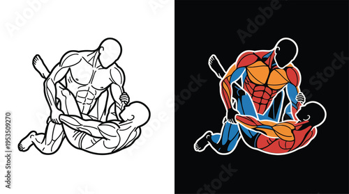 Two muscular male figures grappling in a combat sport, one on top, illustrated in both line art and vibrant colors.