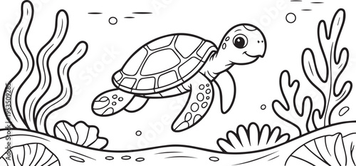 Cute baby sea turtle swimming underwater with seaweed plants coloring book page outline drawing for children activity book