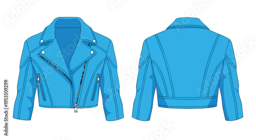 Vibrant aqua fashion illustration of a modern cropped biker jacket design front and back views