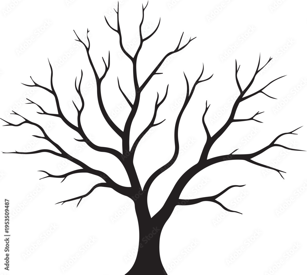 Fototapeta premium Detailed black silhouette graphic of deciduous tree with bare branches symbolizing winter season or nature concept