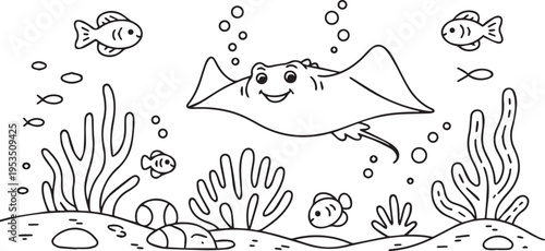Cute cartoon stingray swimming happily in ocean water surrounded by tropical fish and sea plants for coloring book page