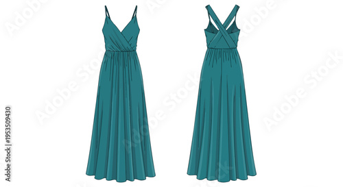 Elegant teal maxi dress featuring a gracefully draped v-neck bodice and delicate spaghetti straps, showcasing both front and intricately