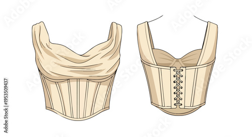 Detailed vector fashion illustration displaying a structured draped corset top with back lacing beige color