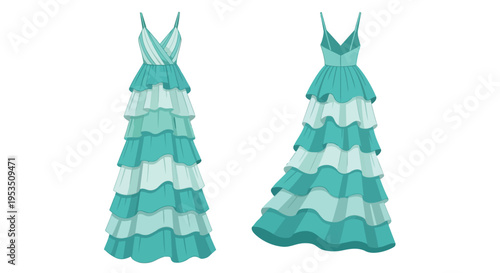 Elegant flowing two-tone tiered maxi dress fashion illustration front and back views for stylish apparel design