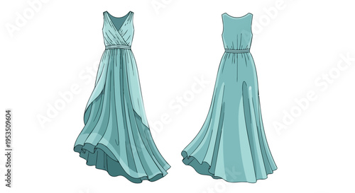 Elegant teal sleeveless maxi dress design with gracefully flowing skirt and flattering cinched waist detailing. A sophisticated formal wear concept