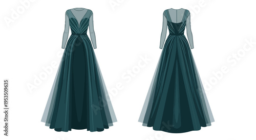 Elegant teal evening gown design with sheer sleeves and a flowing skirt showcasing both front and back views, perfect for upscale formal occasions