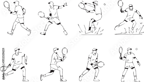 Eight simple line art illustrations showing male tennis players serving hitting and ready positions during match