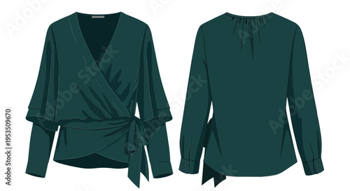 Fashion technical drawing showcasing a stylish forest green women's wrap blouse with a front tie detail and long layered sleeves. Ideal apparel
