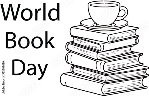   
World Book Day vector illustration with stacked books and teacup simple black and white line art design for reading celebration
