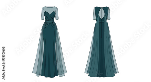 Elegant teal gown design with sheer sleeves and delicate skirt overlay featuring a stylish keyhole back