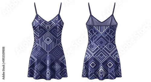 Modern sleeveless sundress featuring a striking indigo and white tessellation