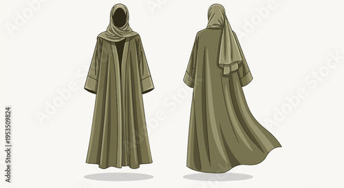 Elegant khaki green abaya and matching hijab illustration, presented in front and back views, capturing modest fashion and cultural apparel for