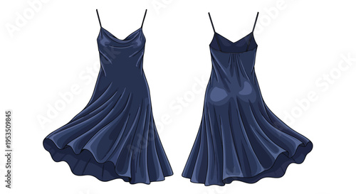 Elegant navy blue satin slip dress front and back views showcasing graceful fluid design