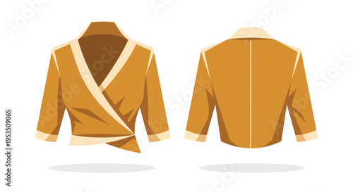 Stylized vector illustration showcasing a chic mustard-colored women's wrap blouse from both front and back, emphasizing its modern fashion aesthetic